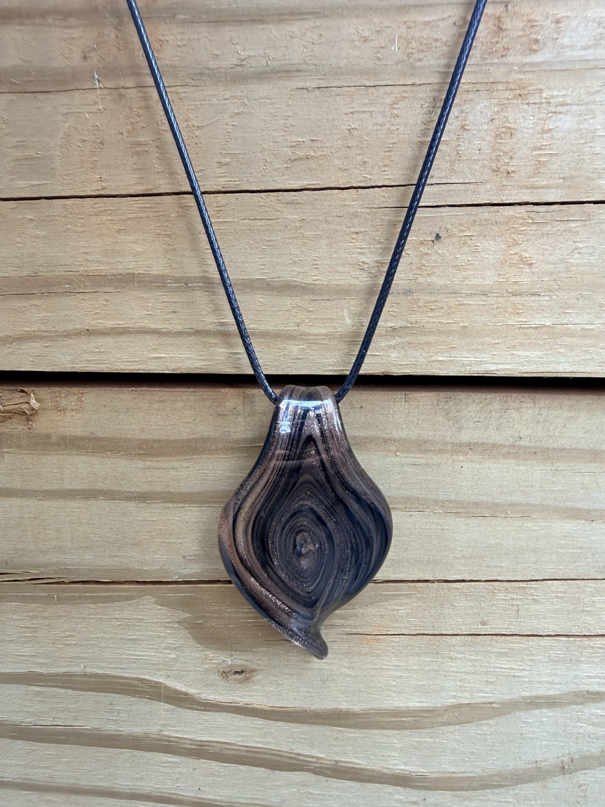 Glass Lampwork Murano Style Black Leaf Pendant on Black Cord Necklace