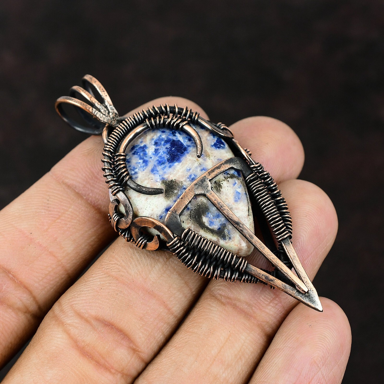 Sodalite Gemstone Handmade Jewelry Copper Wire Wrapped Pendant For Women 2.64″