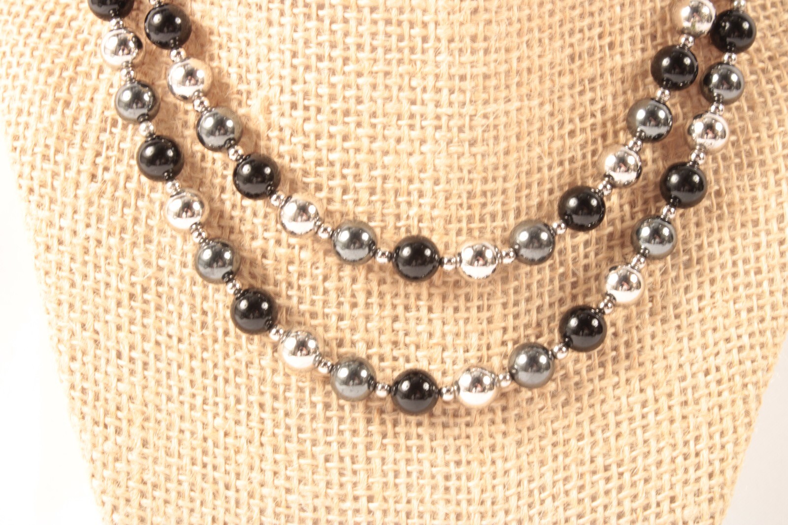 Black Gray Silver Glass Bead Necklace 32 Inches Multiple Looks Heavy Item