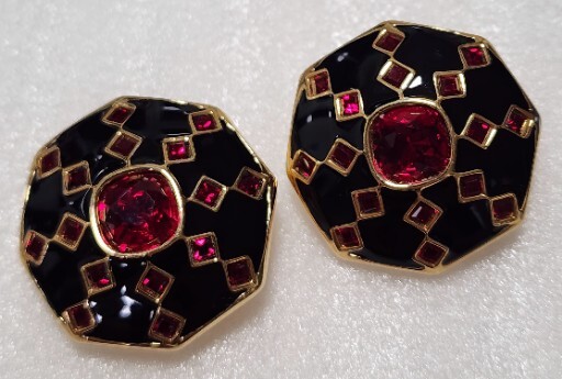 Swarovski Vintage Swan Signed Red Crystal Gold Statement Enamel Earrings A-640