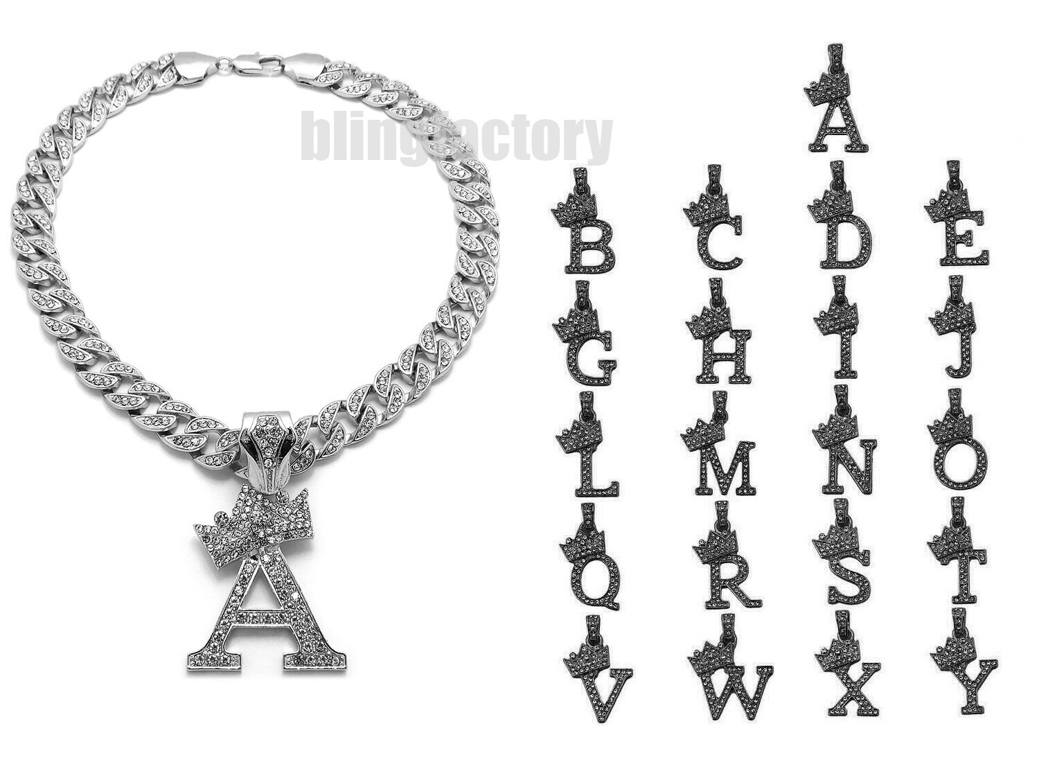 Alphabet Initial Letter Silver PT Pendant 18″ 20″ 24″ Iced Cuban Chain Necklace