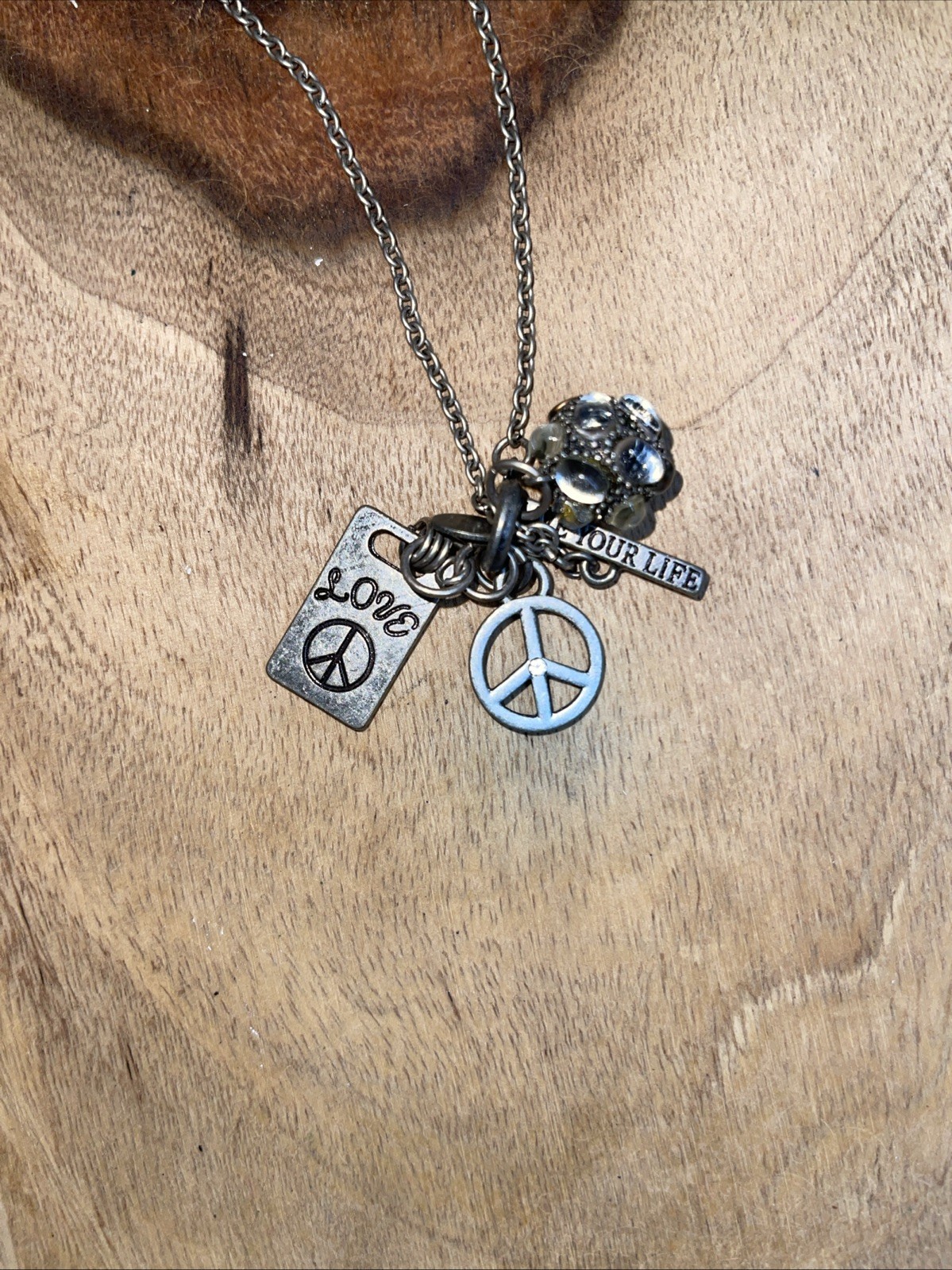 Pendant Necklace Boho Peace, Love Life, Love & Crystal Charms Silver Tone Aeo