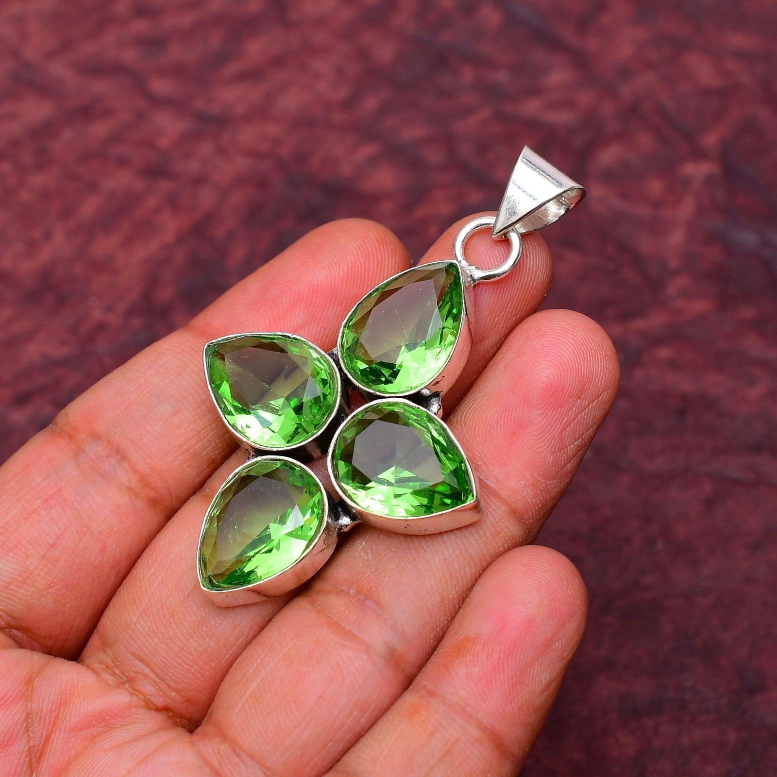 Green Amethyst Gemstone 925 sterling silver Handmade Cross Pendant jewelry 2.75″