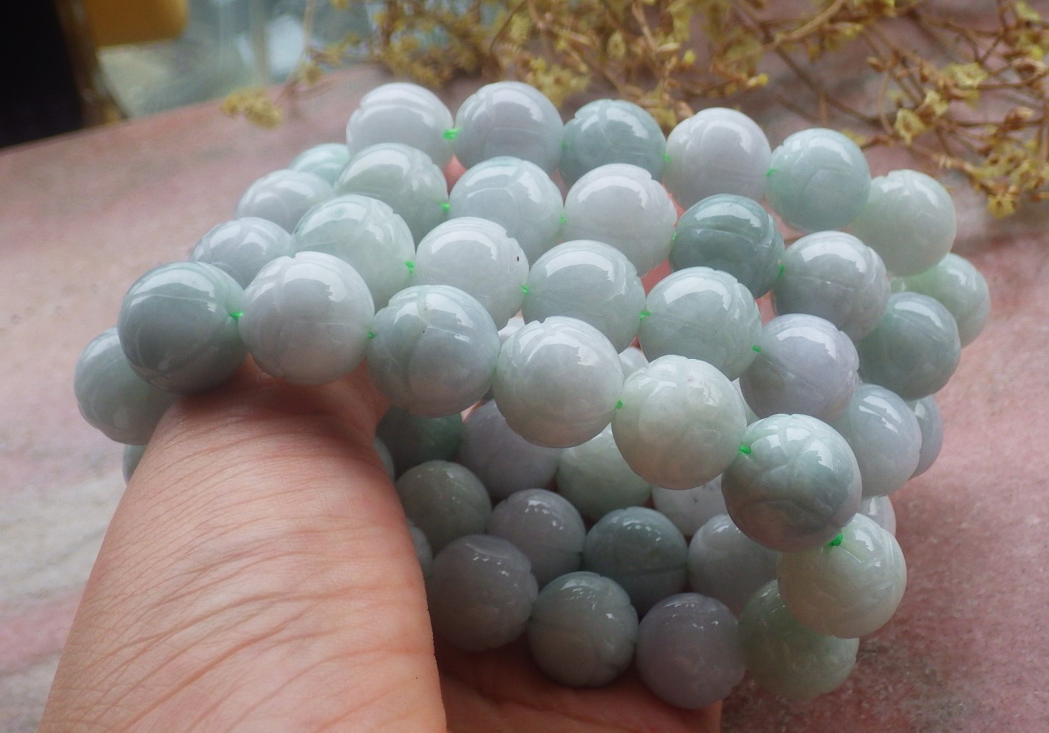 1 piece Green A JADE Jadeite Beads Bangle Lotus Flower Bracelet 7 inches 734353