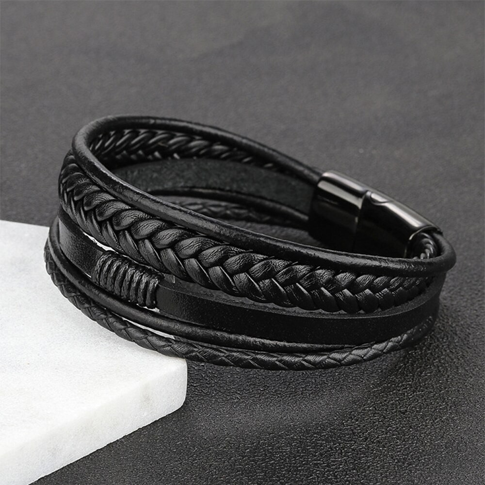 Men Genuine Leather Bracelet Multilayer Braided Rope Magnetic Wristband Black