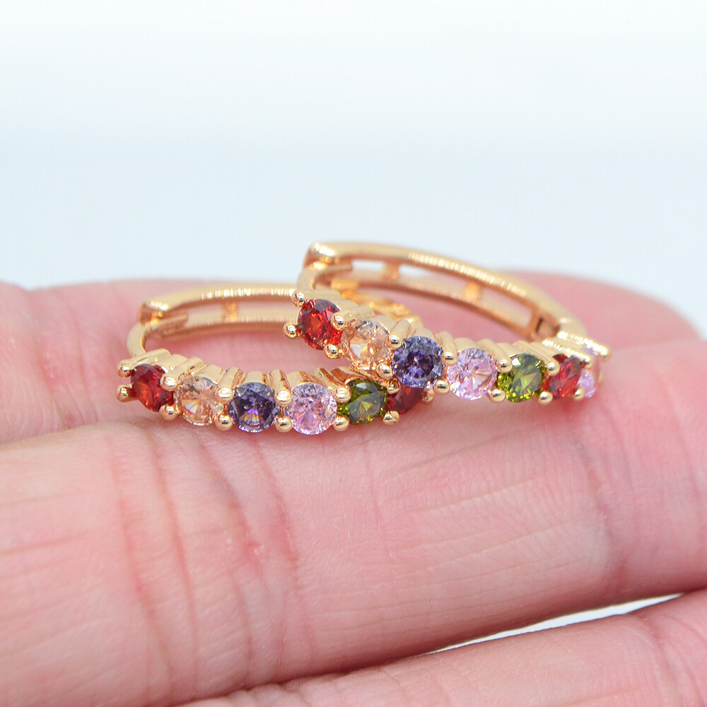 18K Yellow Gold Filled Trendy Round Multicolor Topaz Hoop Huggie Earrings