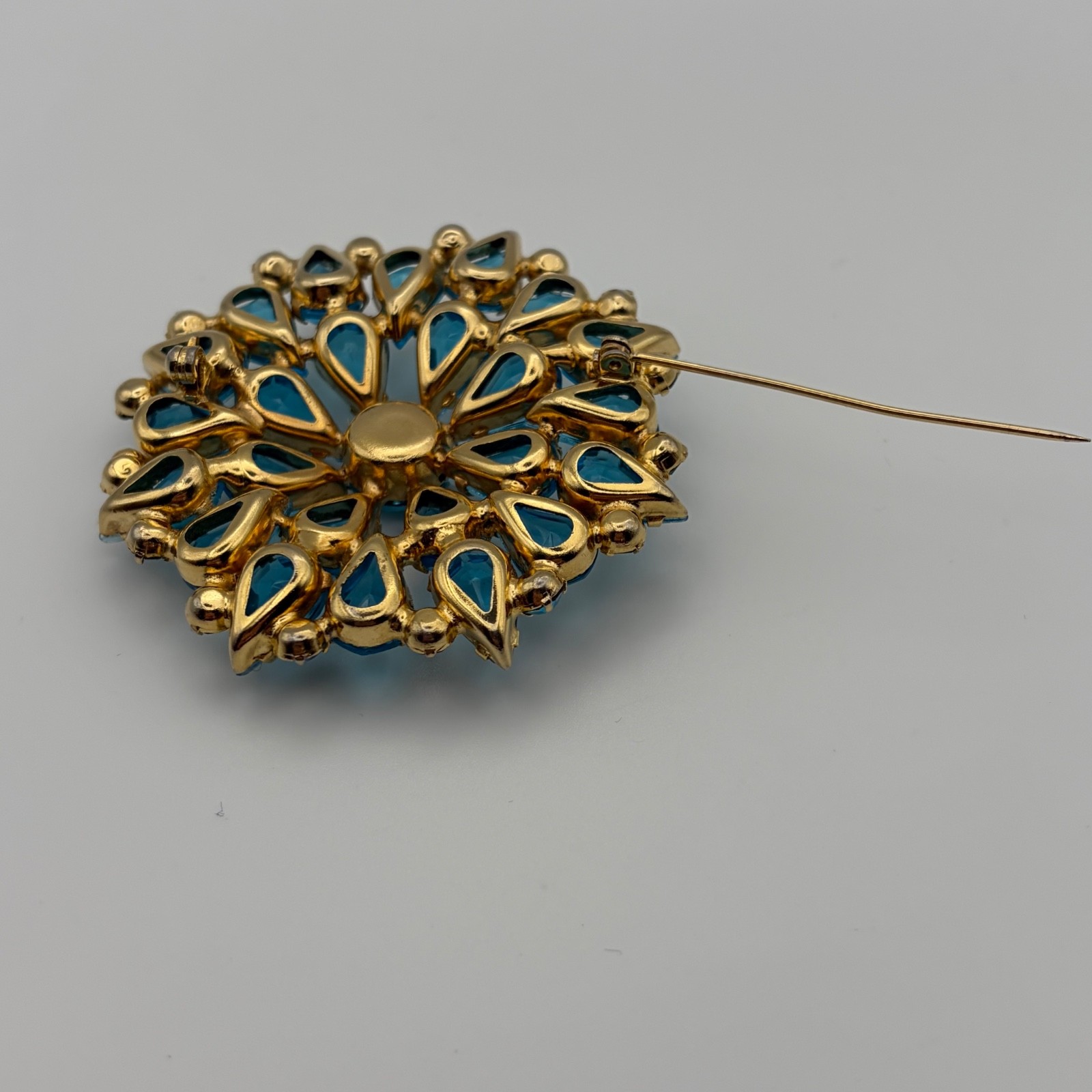 Vintage Aqua Blue Teardrop Rhinestone Wreath Brooch AB Crystal Statement Pin