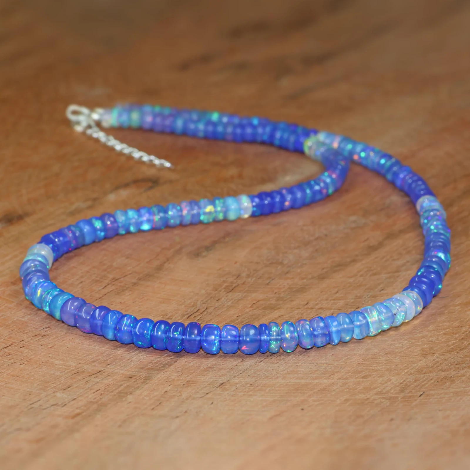 Fire Blue Shaded Fire Opal Smooth Beads Necklace, AAA Ethiopian Opal Beads