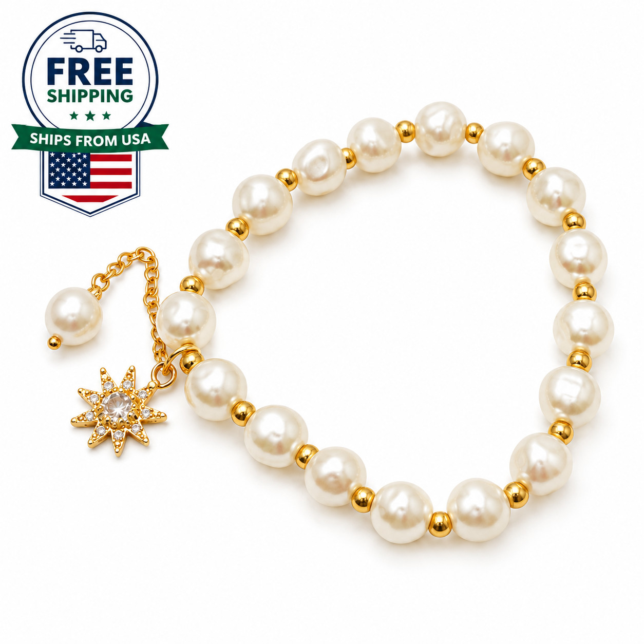 Gold Star Pearl Stretch Bracelet Crystal Sunburst Charm Bracelet for Women Gift