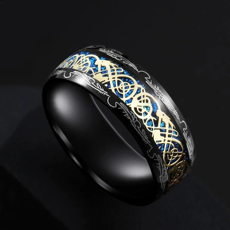 Men Women Gold Plated Blue Black Red Stainless Steel Celtic Dragon Band Ring 8mm