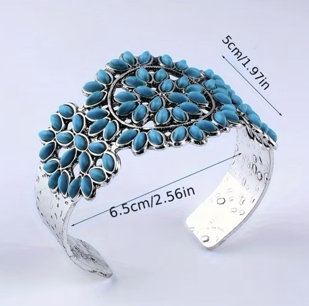 Turquoise Cuff Bracelet Western Boho Silvertone Jewelry Boho