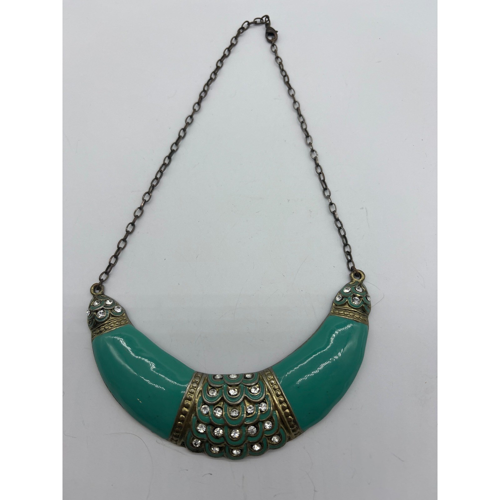 Teal Green Enamel Bib Statement Necklace Gold Tone Rhinestone Goddess Style J96