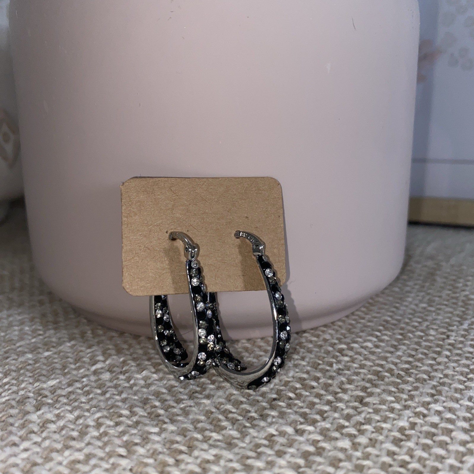 ATI BR CH Earrings Silver Black Gray Rhinestones Oval Hoop Dangle Drop Sparkly
