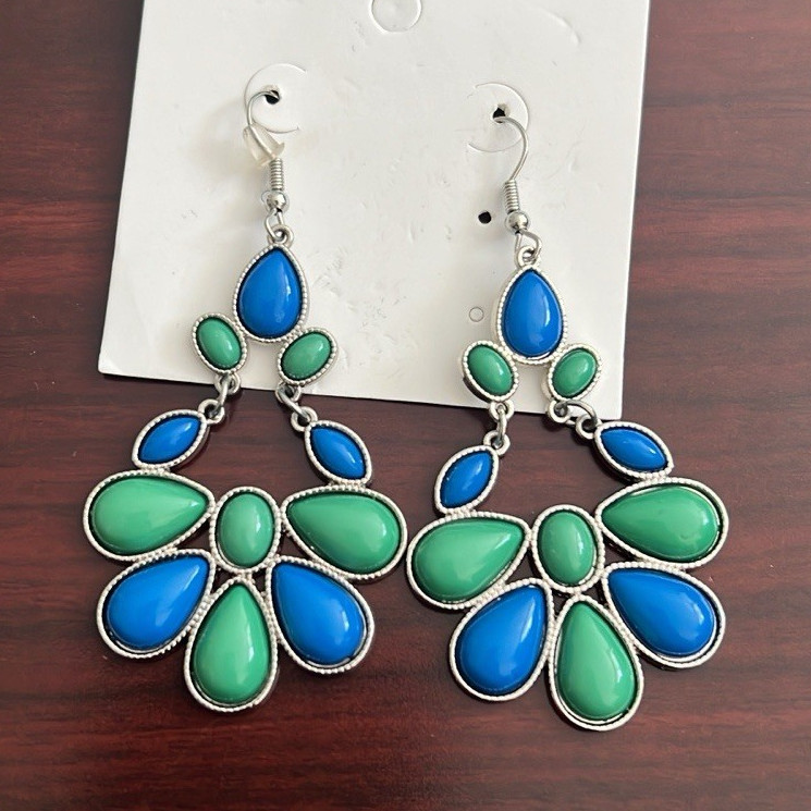 Silver Tone Blue Green Teardrop Dangle Drop Earrings Hook Lobe