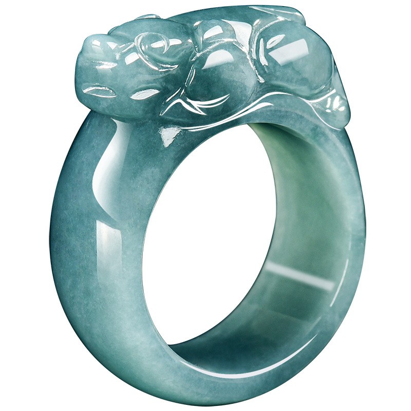 Certified Burma Jadeite Authentic natural A-grade jade blue water Pixiu ring