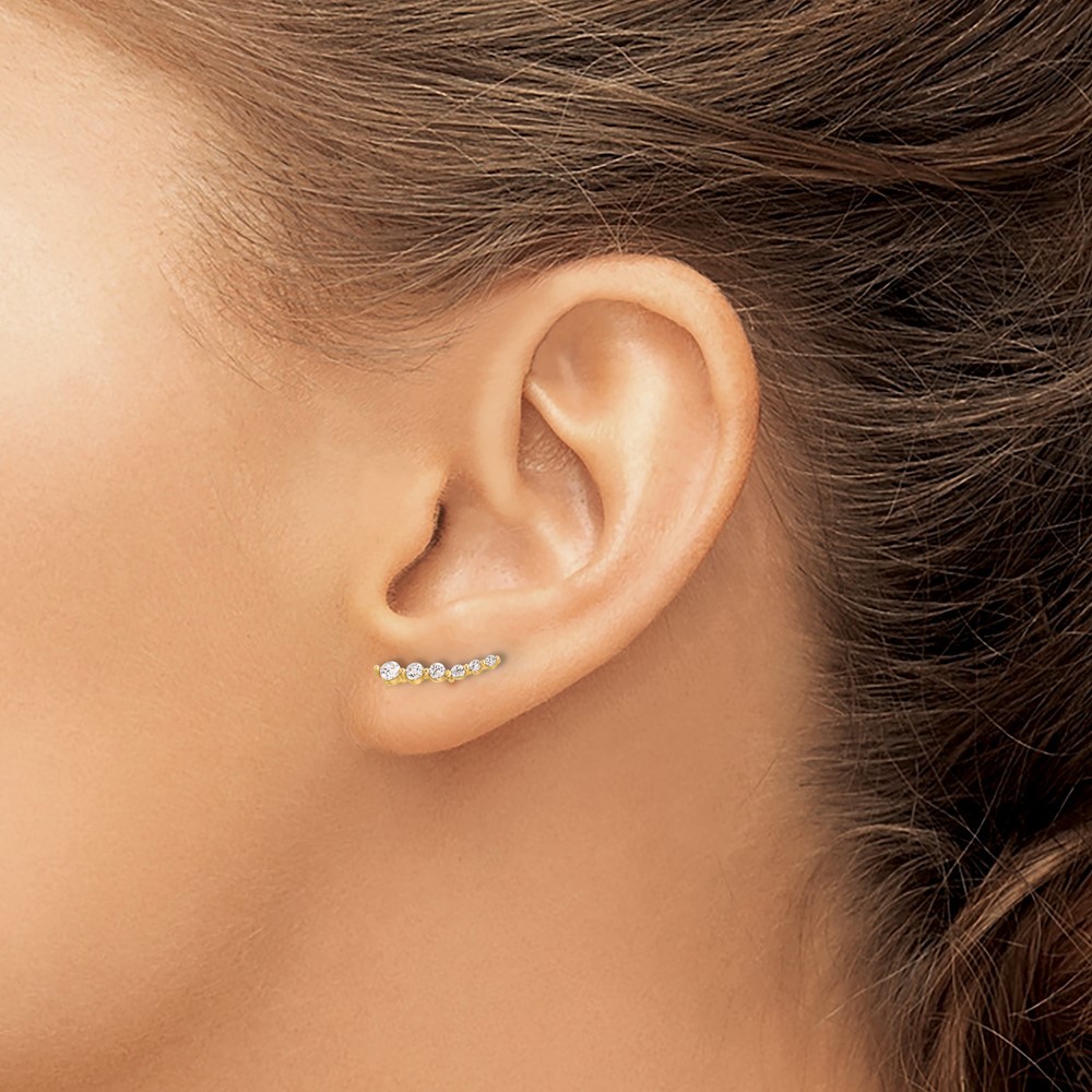 10K Yellow Gold Polished Curved Bar Round Cubic Zirconia Fancy Stud Earrings