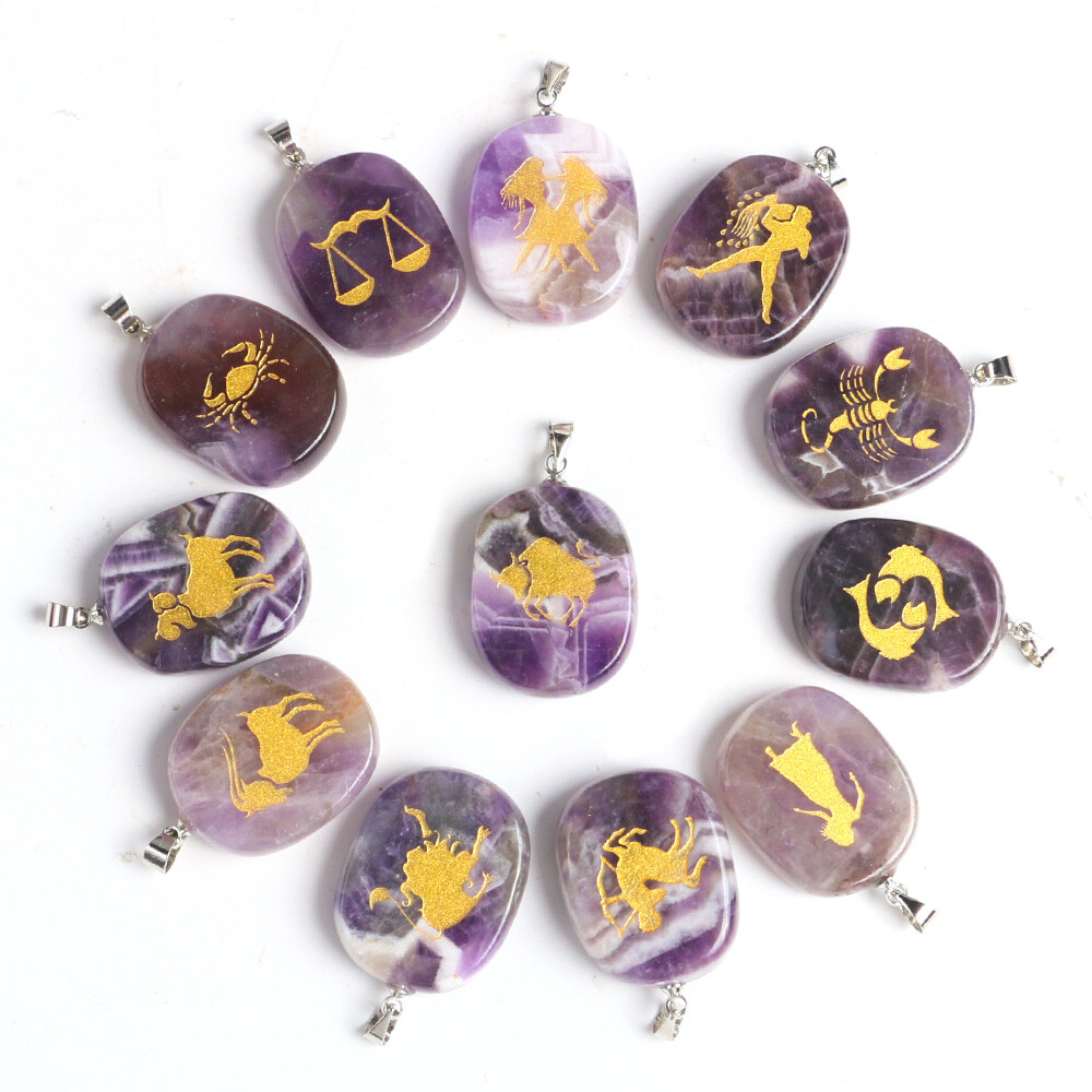 12 Constellations Pendant Natural Amethyst Crystal Quartz Carved Necklace Reiki