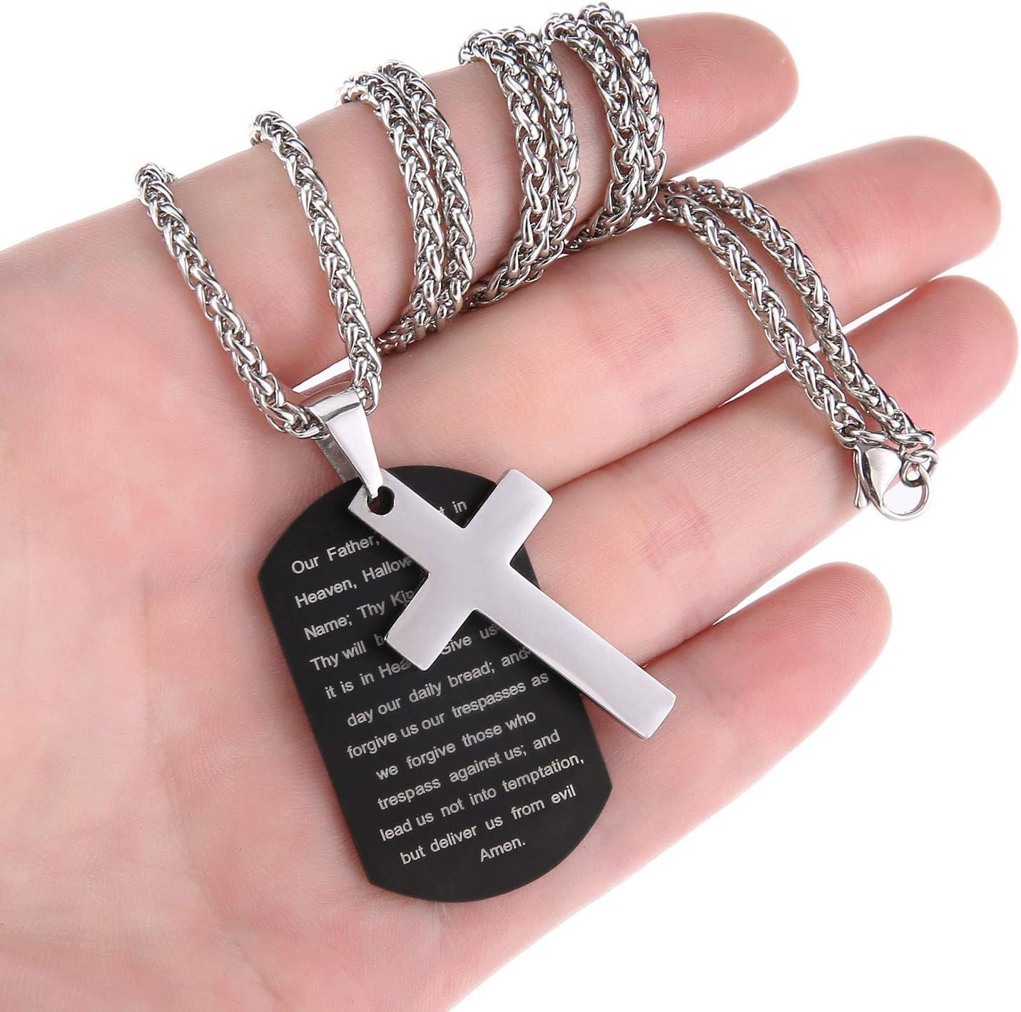 Dog Tag Cross Necklace Gifts for Boys Men, Stainless Steel Bible Verse Pendant C