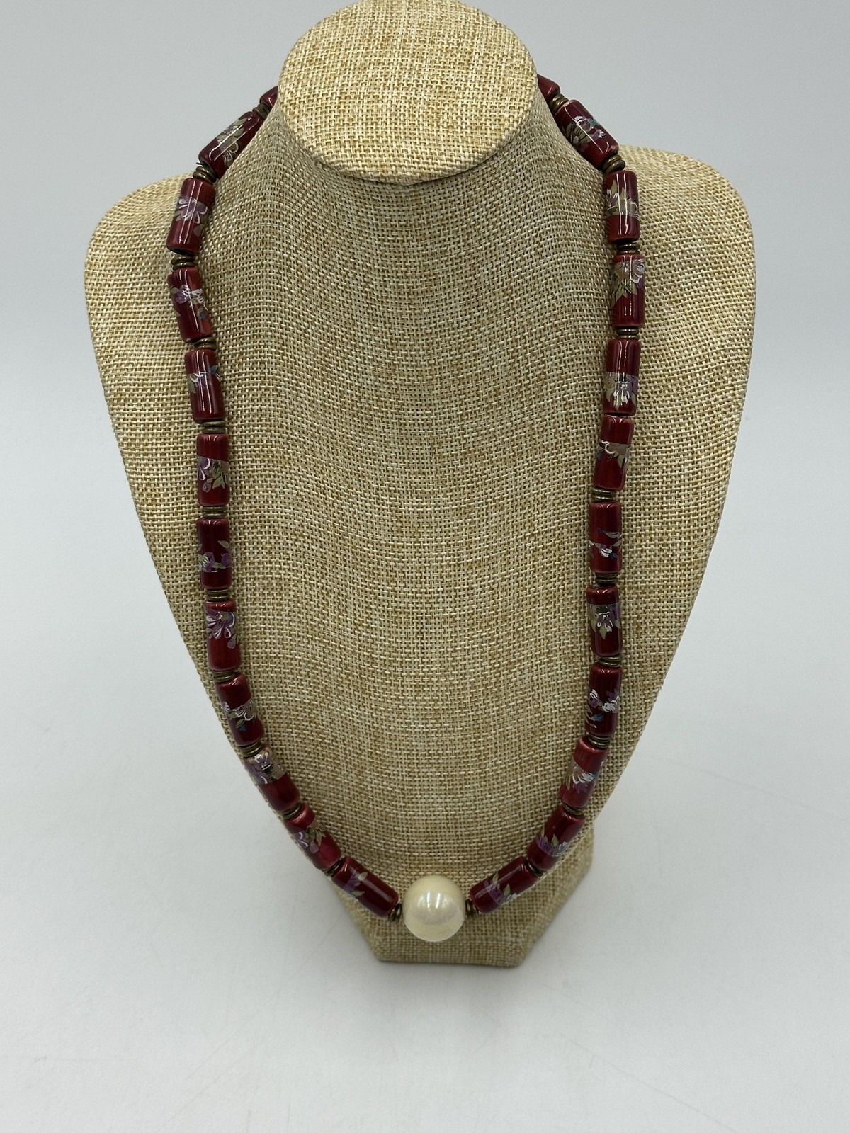 Red Floral Tube Bead Necklace Large White Center Bead Lobster Clasp Jewelry