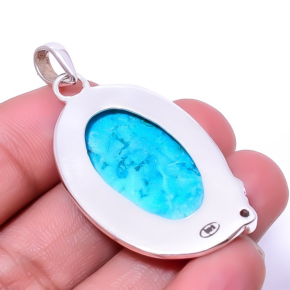 Magnesite Turquoise & White Topaz Oxidised 925 Sterling Silver Pendant 1.95″ P31