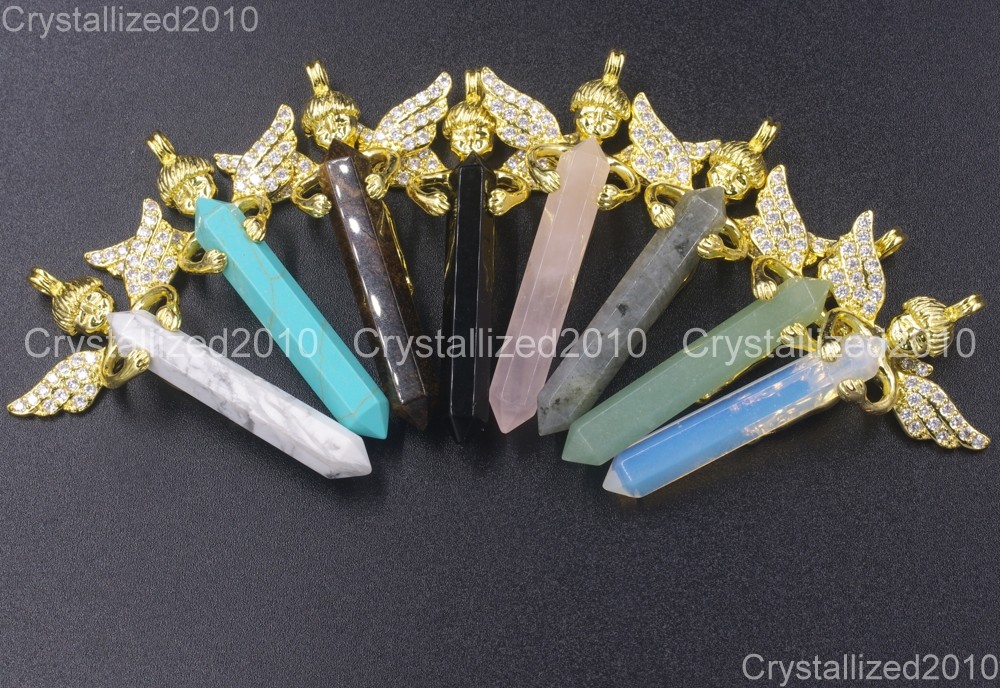 Natural Gemstone Zircon Pave Angel Hexagonal Pointed Reiki Healing Pendant Beads