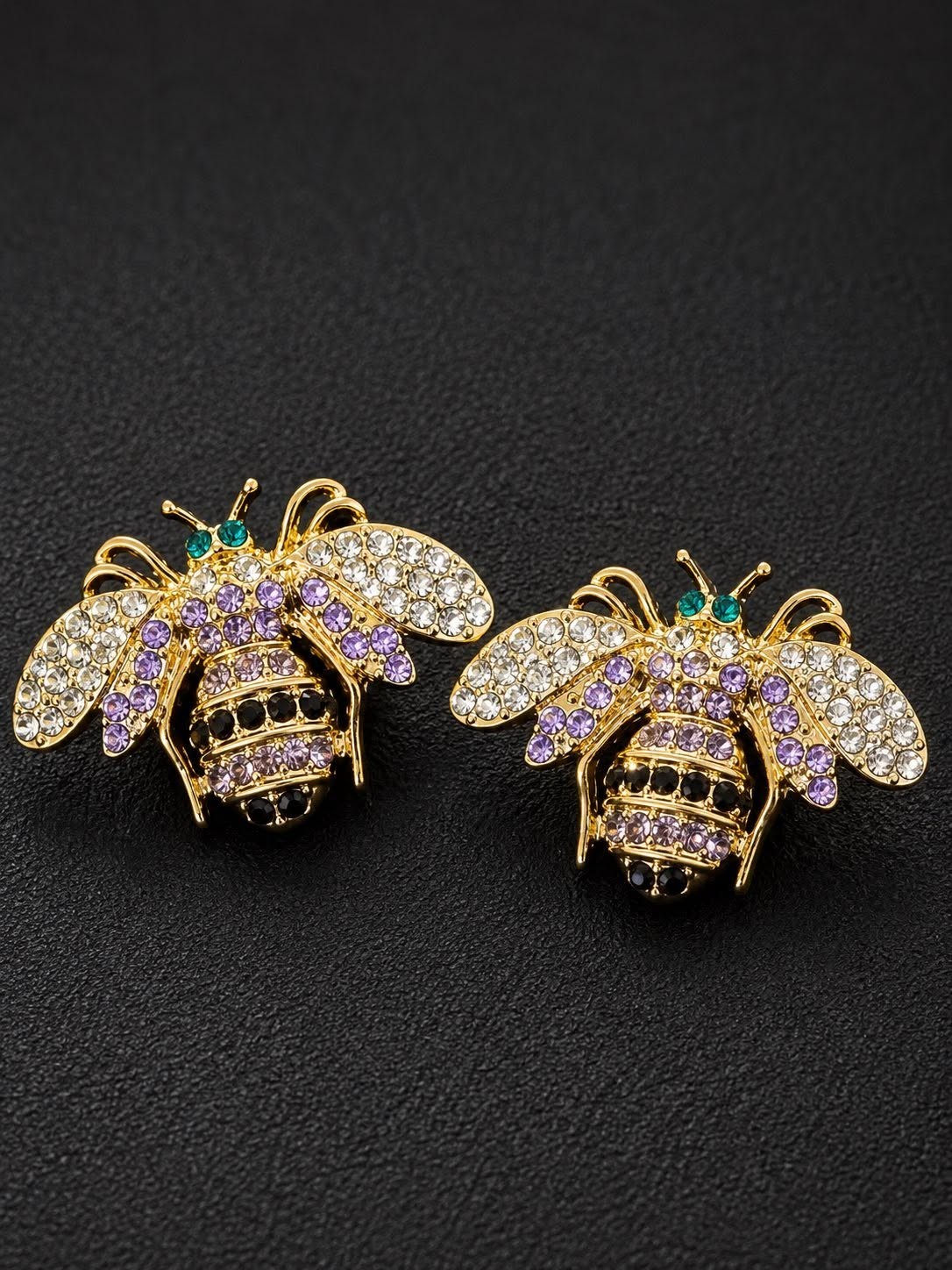 GOLD TONE BEE EARRINGS WITH YELLOW BLACK RED BLUE PURPLE TURQUOISE CRYSTALS POST