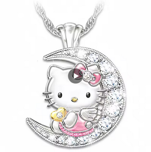 Hello Kitty Sitting On Crescent Moon Bling Necklace New