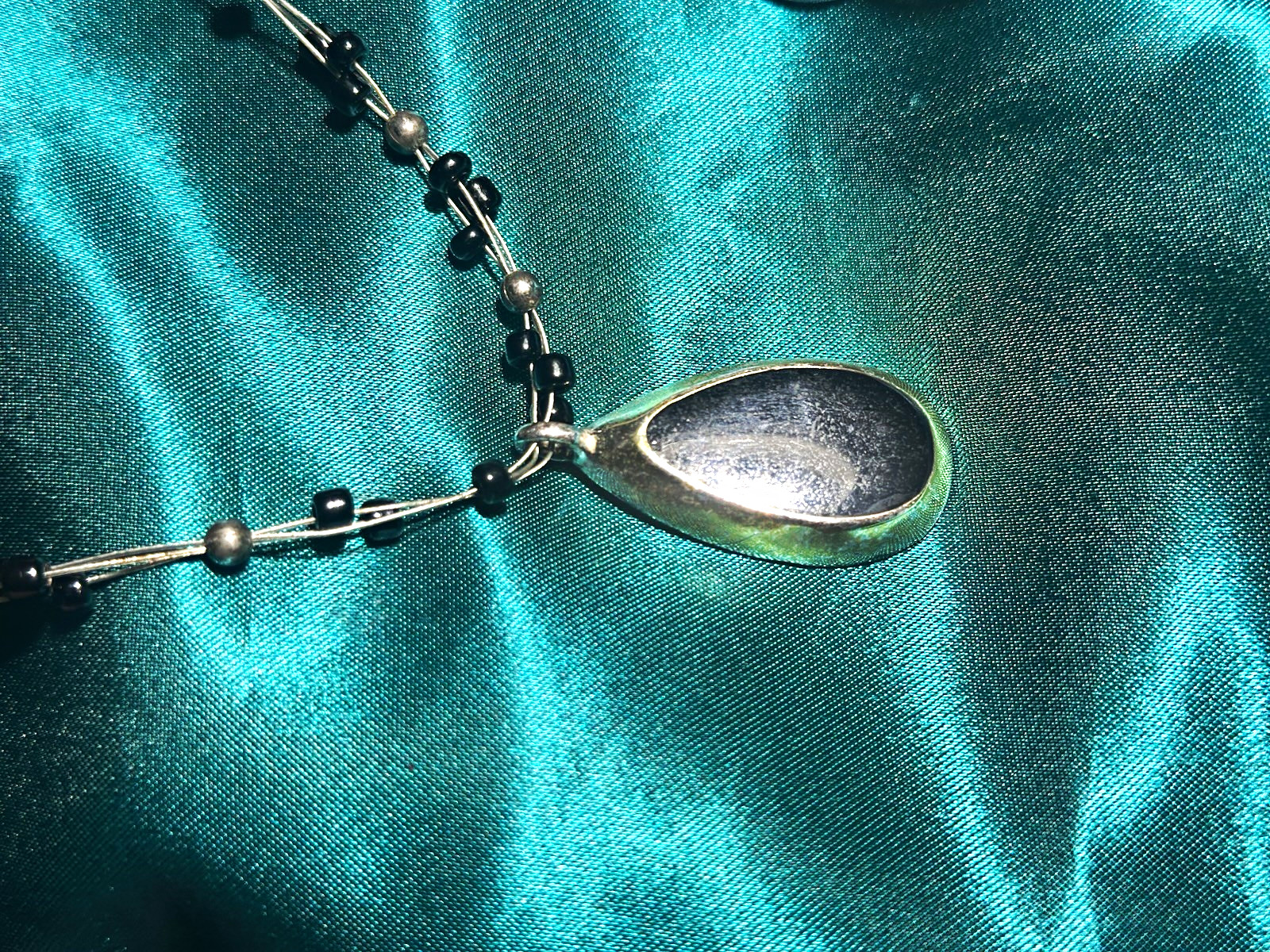 Black & Silver Tone Glass Beaded Necklace, Oval Charm Pendant, Ball/Bead Chain