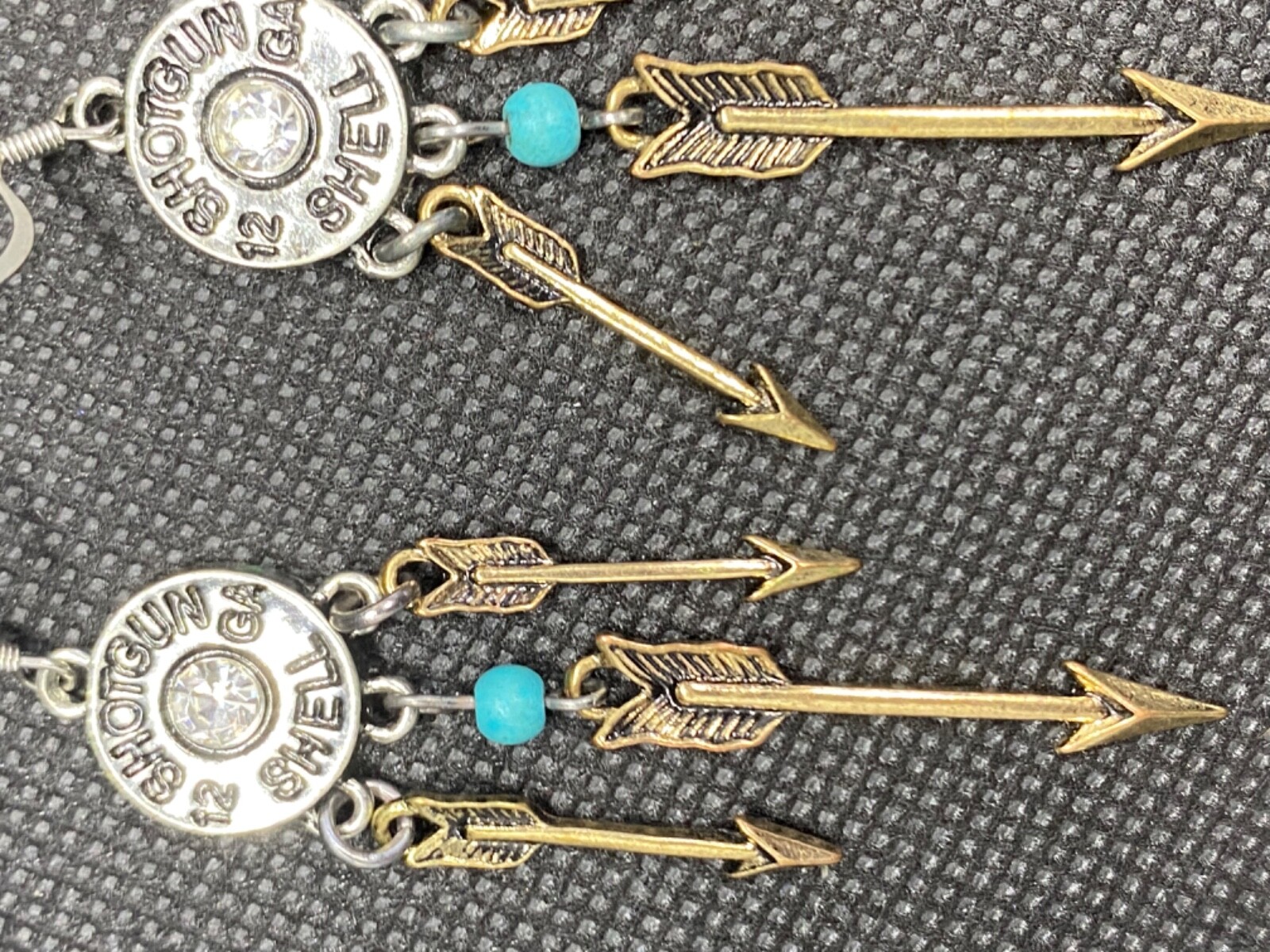Shotgun shell arrow earrings silver tone rhinestone dangle New long 3.25″