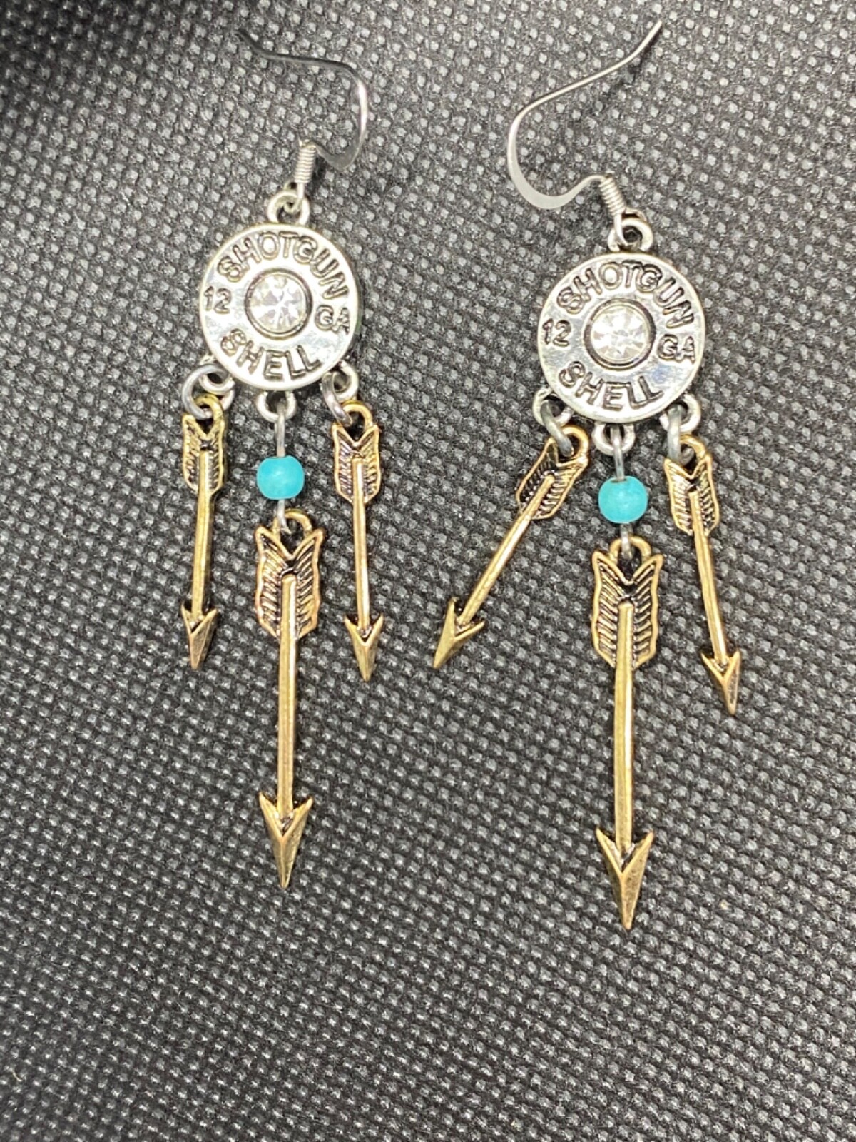 Shotgun shell arrow earrings silver tone rhinestone dangle New long 3.25″