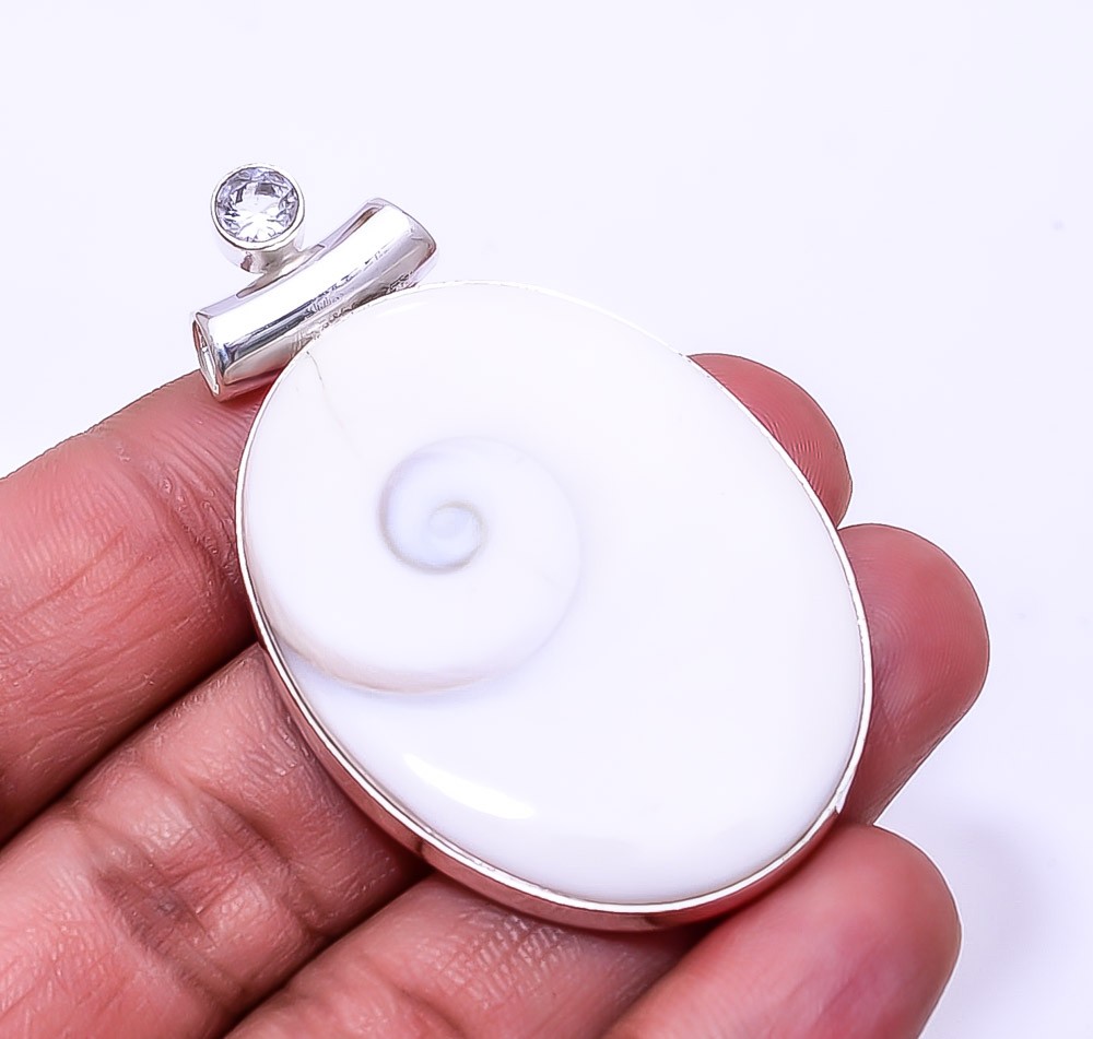 Natural Shiva Eye Shell & White Topaz 925 Sterling Silver Pendant 2.15″ P38