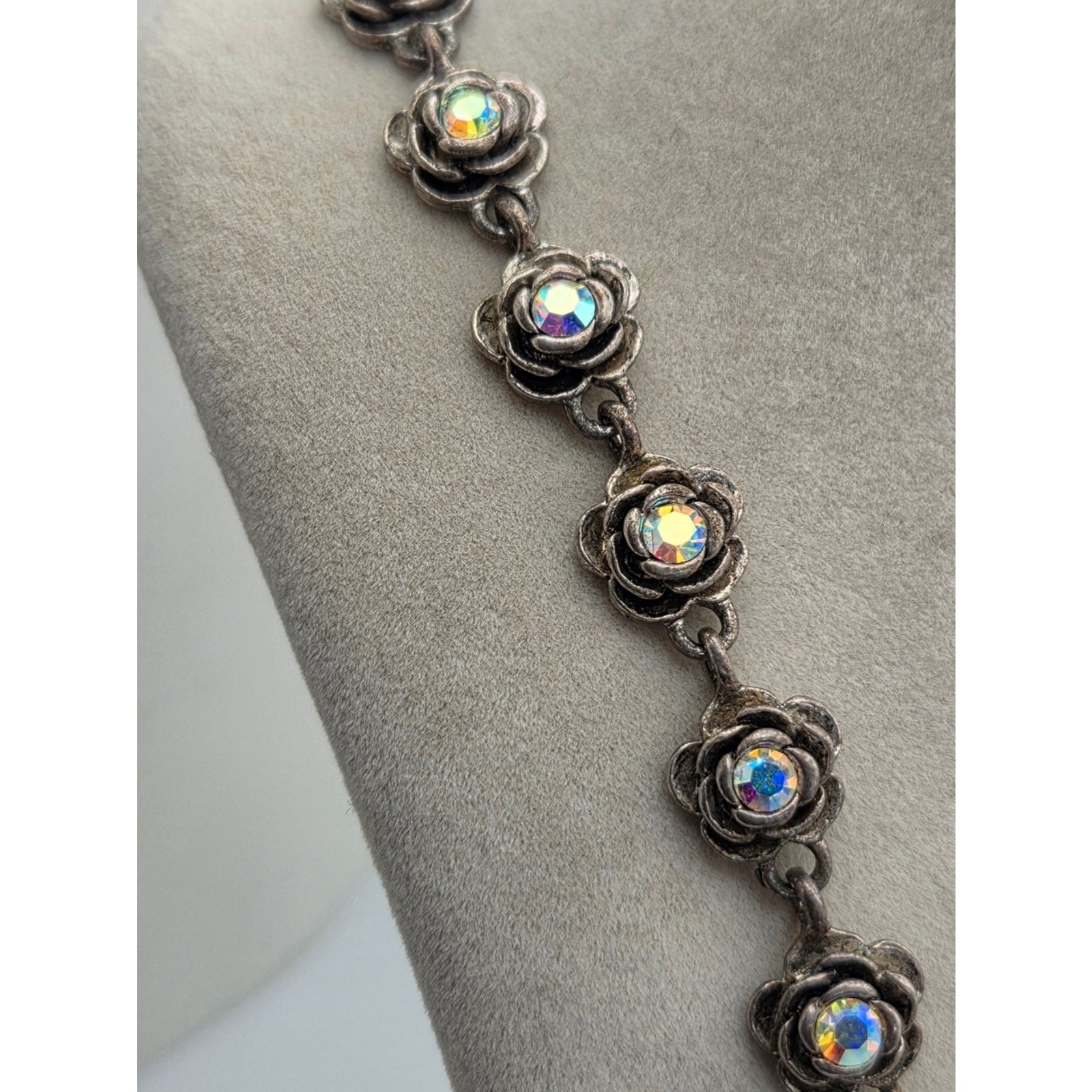 Premier Designs Antiqued Silvertone Rose Link Necklace AB Rhinestones 18″
