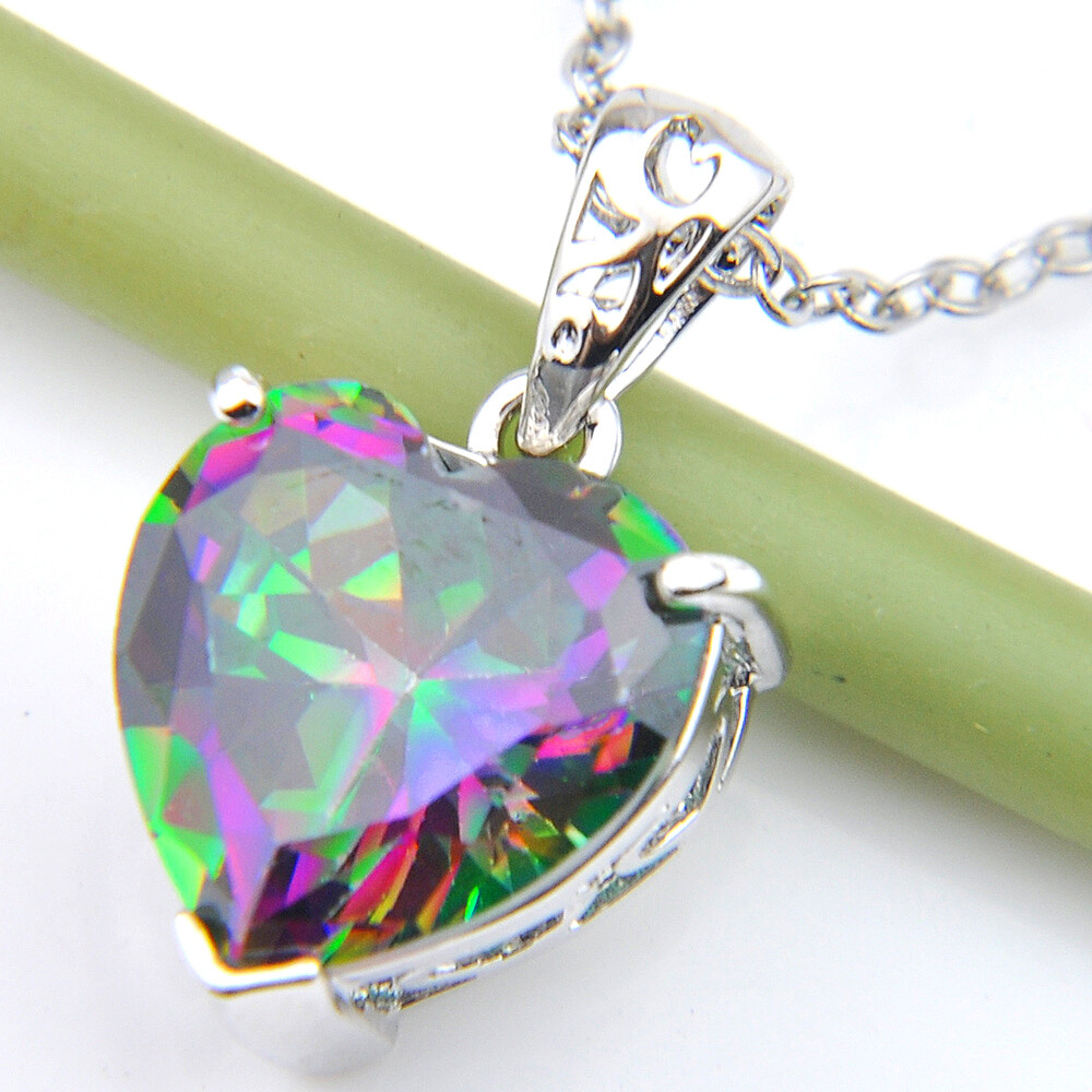 New Rainbow Fire Mystic Topaz Lovely Heart Shape Gmestone Women Silver Necklace