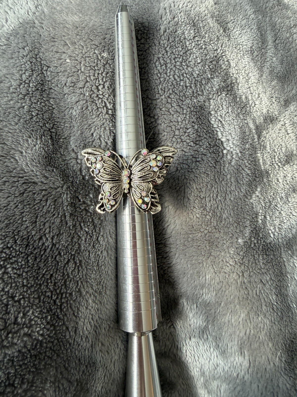 Silver Tone Adjustable Stretch Band Butterfly Statement Band Ring With Accents