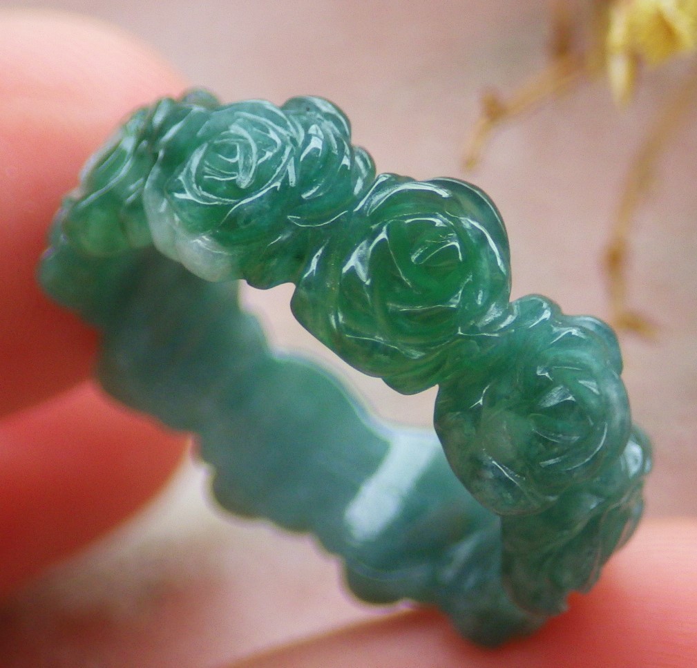 Video Certified Green Natural A JADE Jadeite Rose Flower RING USA.5.75 戒指 132781