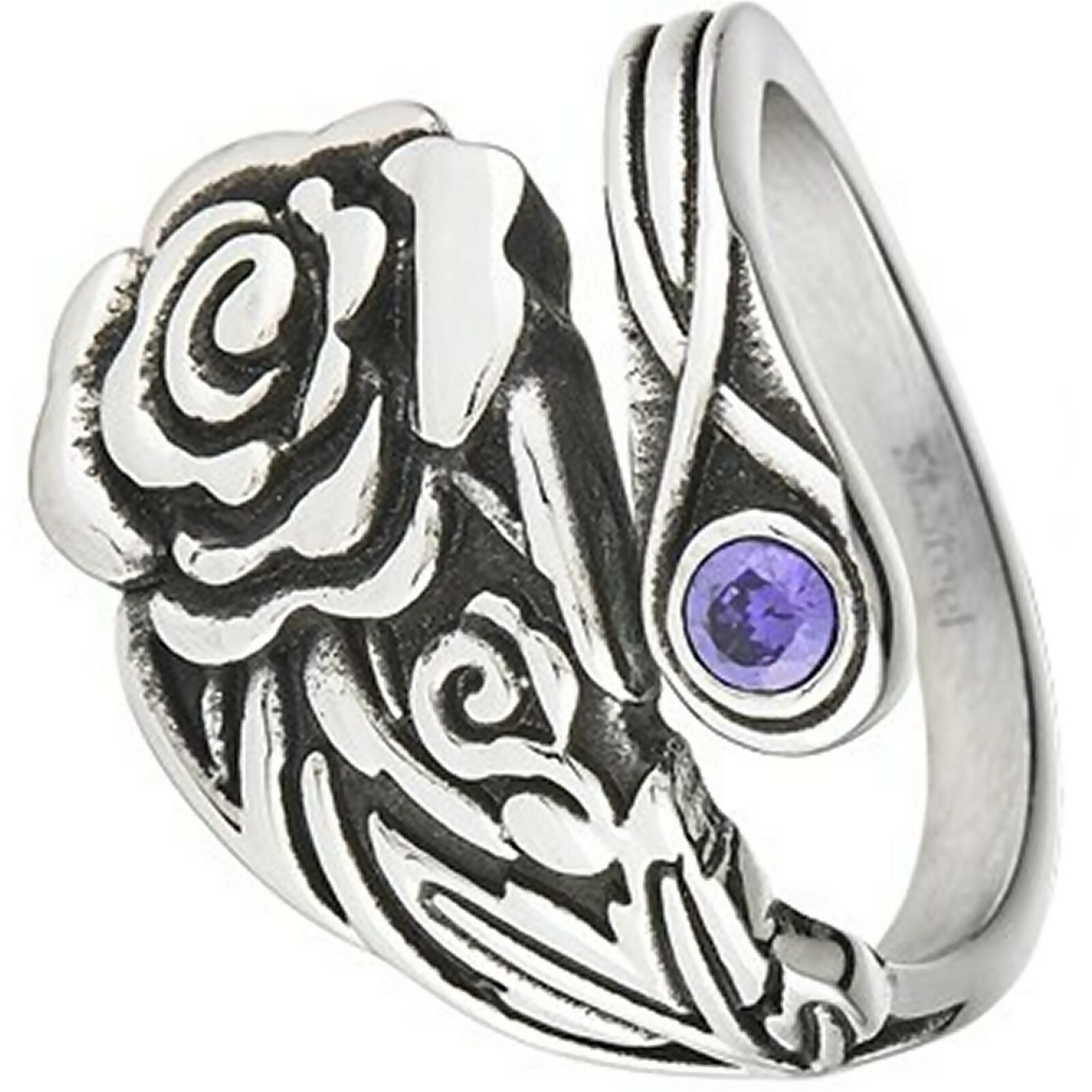 Rose Spoon Ring Womens Silver Stainless Steel Purple CZ Garden Flower Boho Band