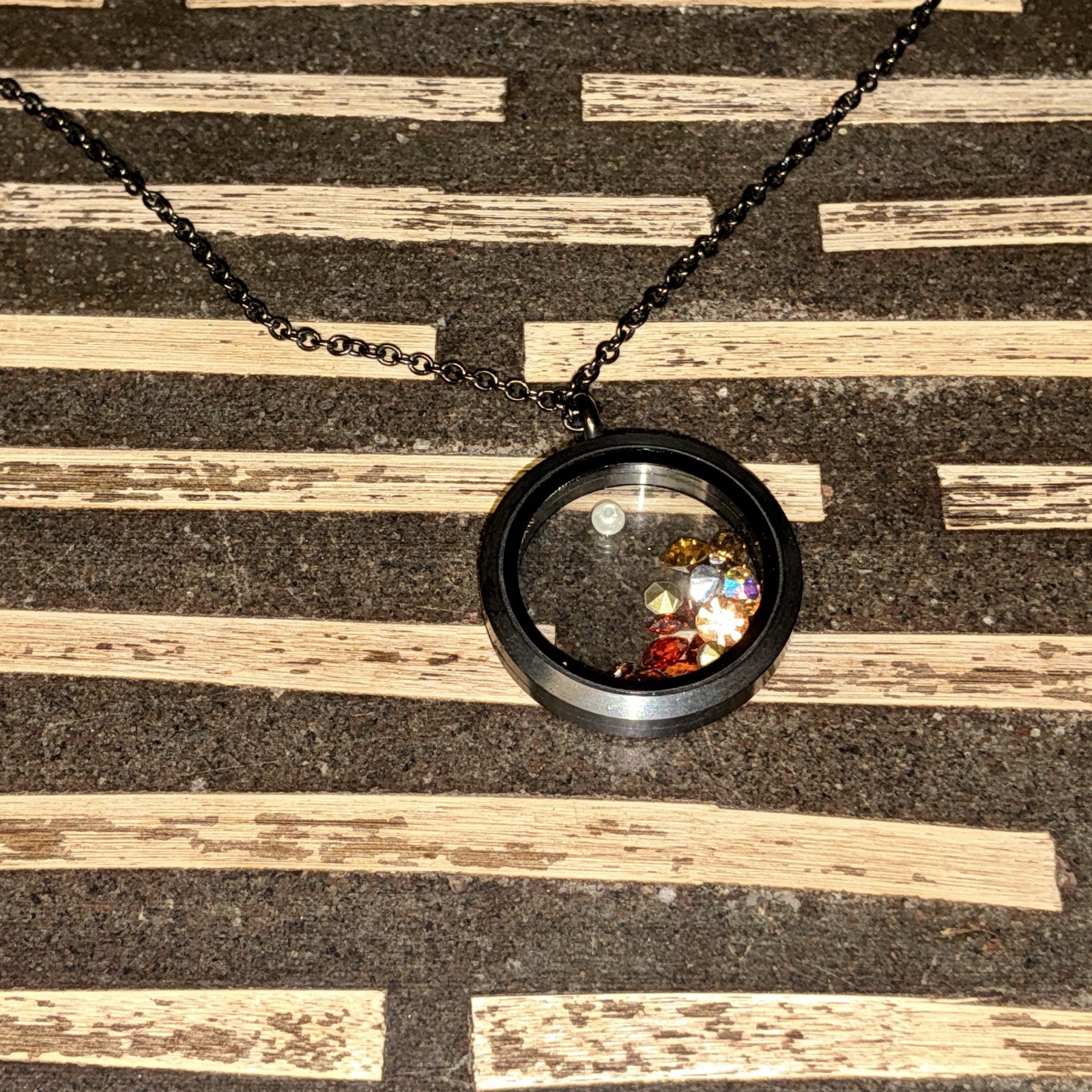 Floating Memory Locket Necklace Black Glass Pendant w/ Crystal Charms