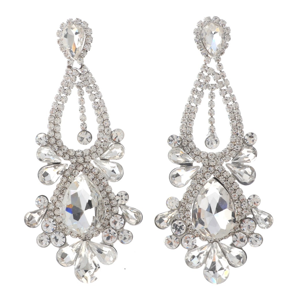 Silver Tone Alloy Metal Rhinestone Drop Post Earrings ESE2090-SCL