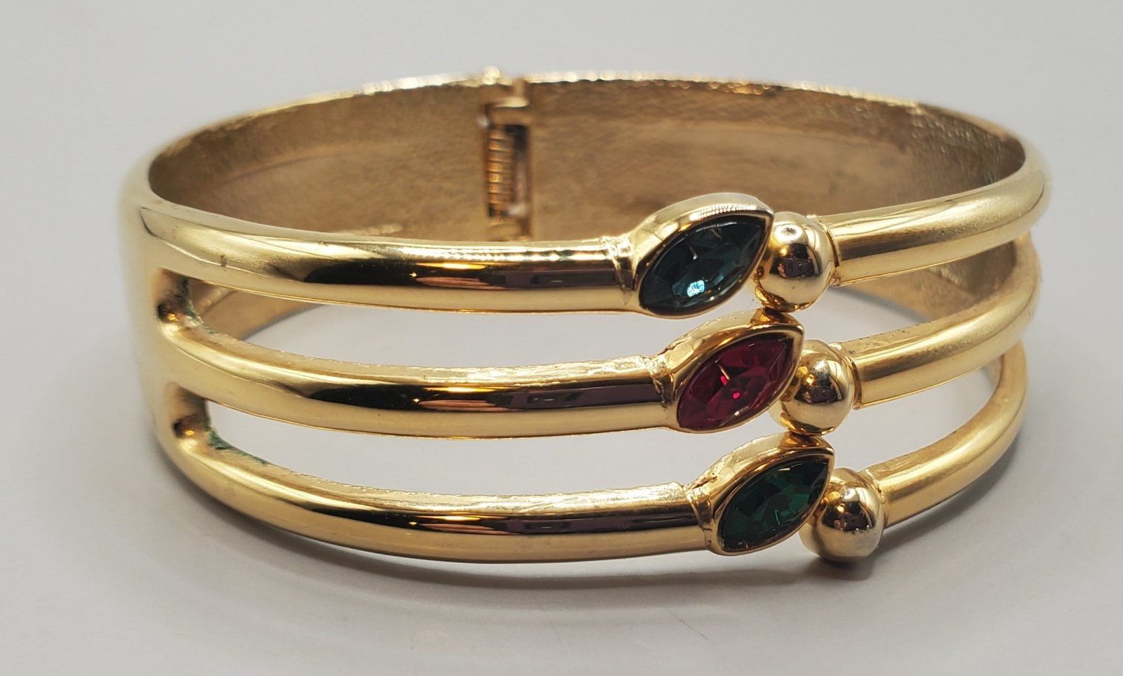 2 Gold Tone Hinged Bracelets: Red Blue Green Rhinestones, CZ Wide Brushed Finish
