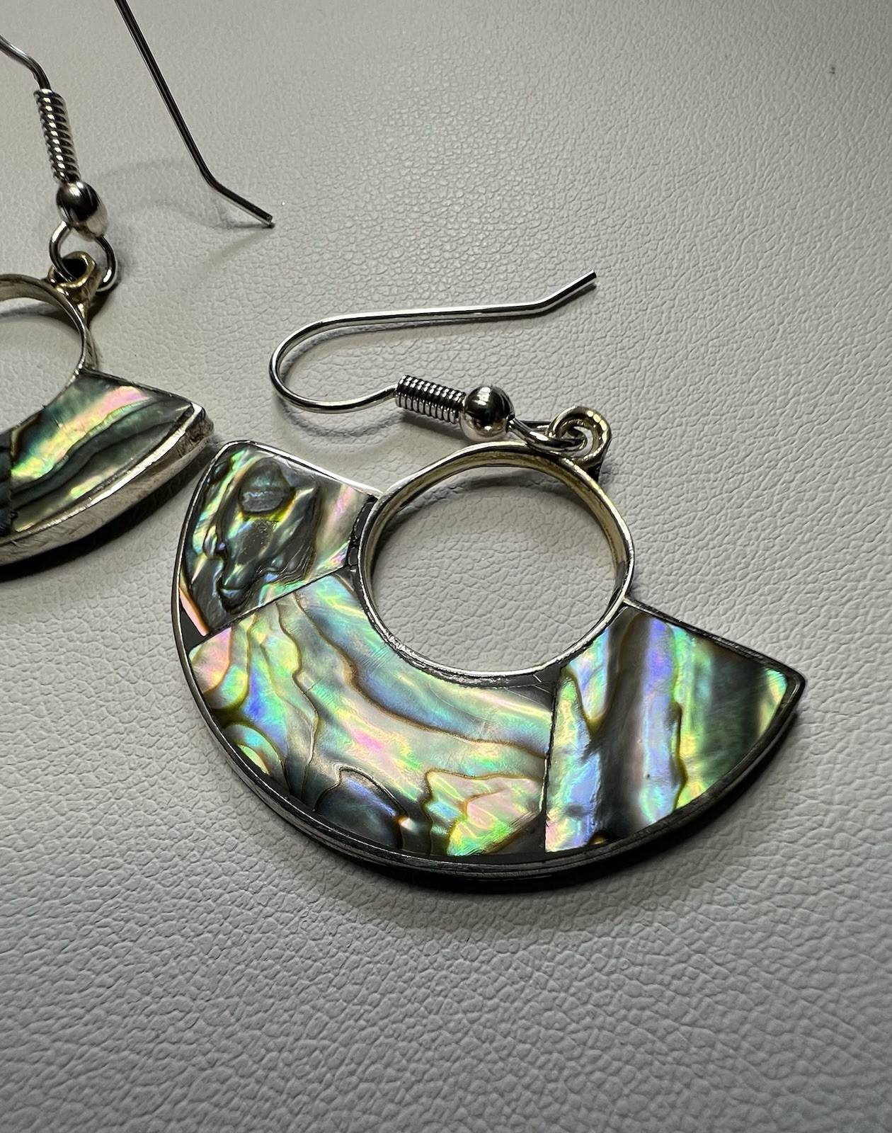 Alpaca Mexico Silver Abalone Shell Inlay Fan Dangle Hook Earrings Signed