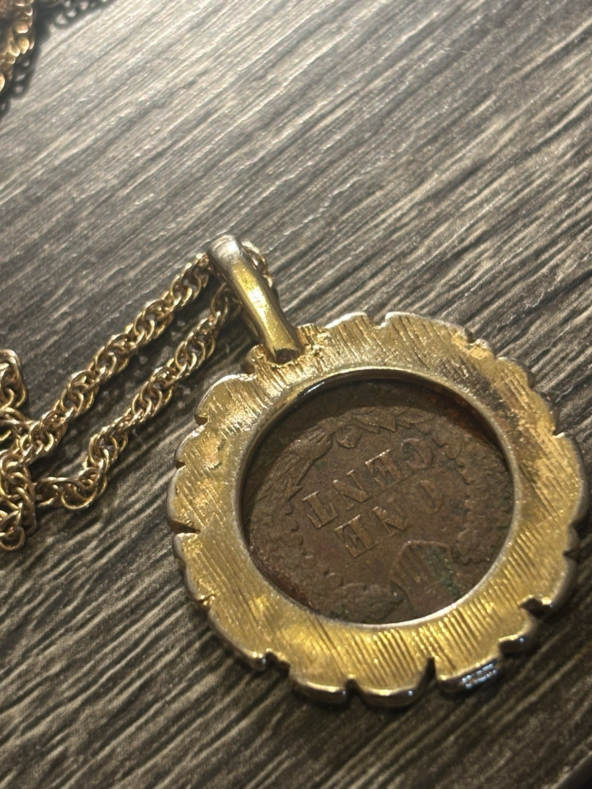 Indian Head Cent Coin Pendant Necklace, Gold Tone Bezel, Rope Chain, Spring Ring