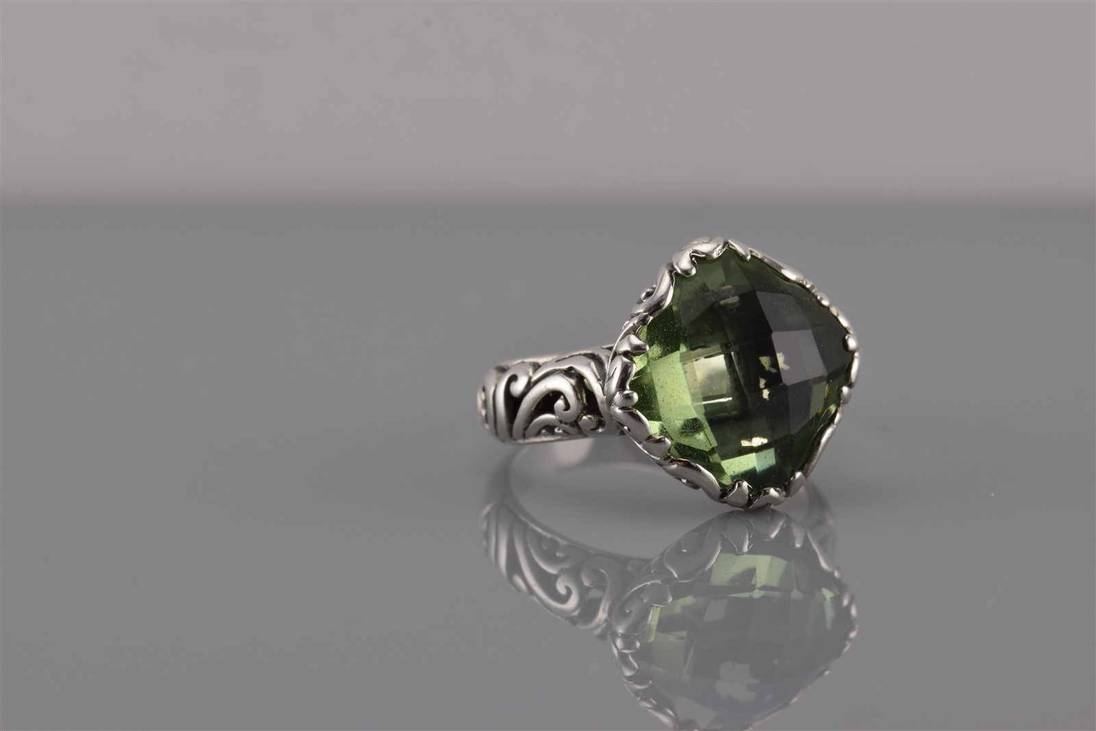 Sterling Silver Briolette Cut Green Cubic Zirconia Carved Band Ring 925 Sz: 6