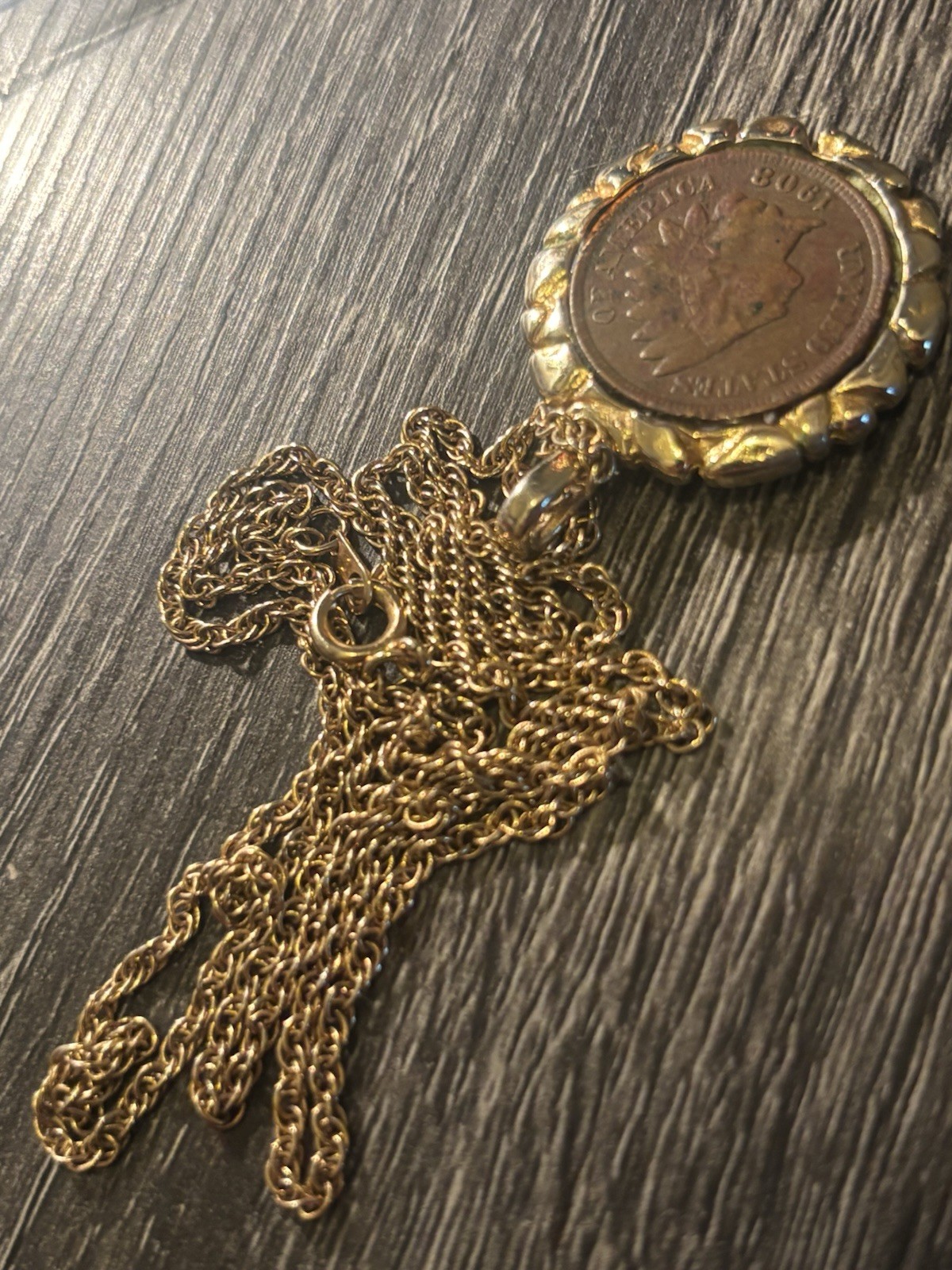 Indian Head Cent Coin Pendant Necklace, Gold Tone Bezel, Rope Chain, Spring Ring