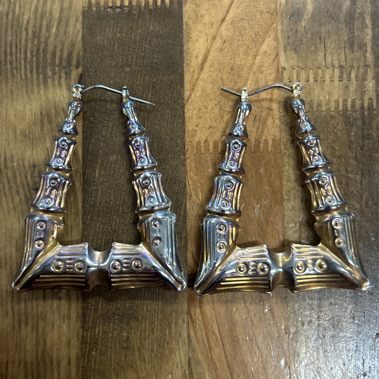 Vtg Chunky Gold Tone Triangle Trapezoid Bamboo Door Knocker Hoop Earrings