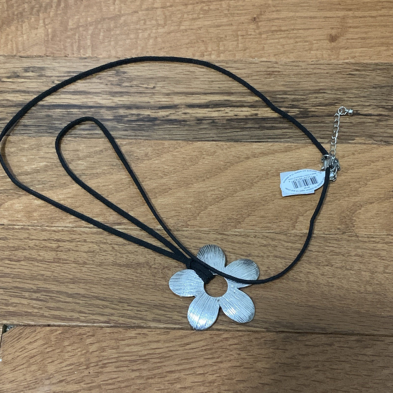 Black Cord Necklace Silver Tone Flower Charm Pendant Lobster Closure