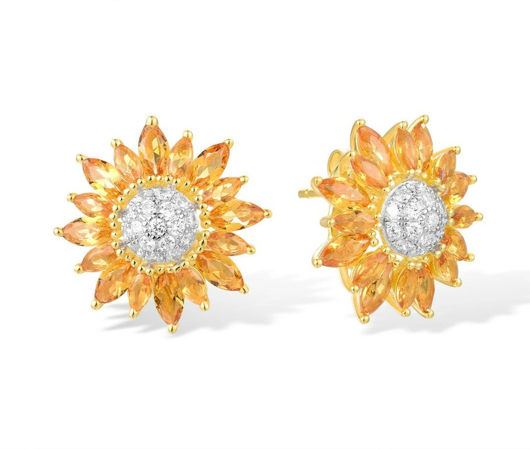Elegant Silver Earrings SunFlower Sparkling Floral Blossom Citrine Marquise Stud