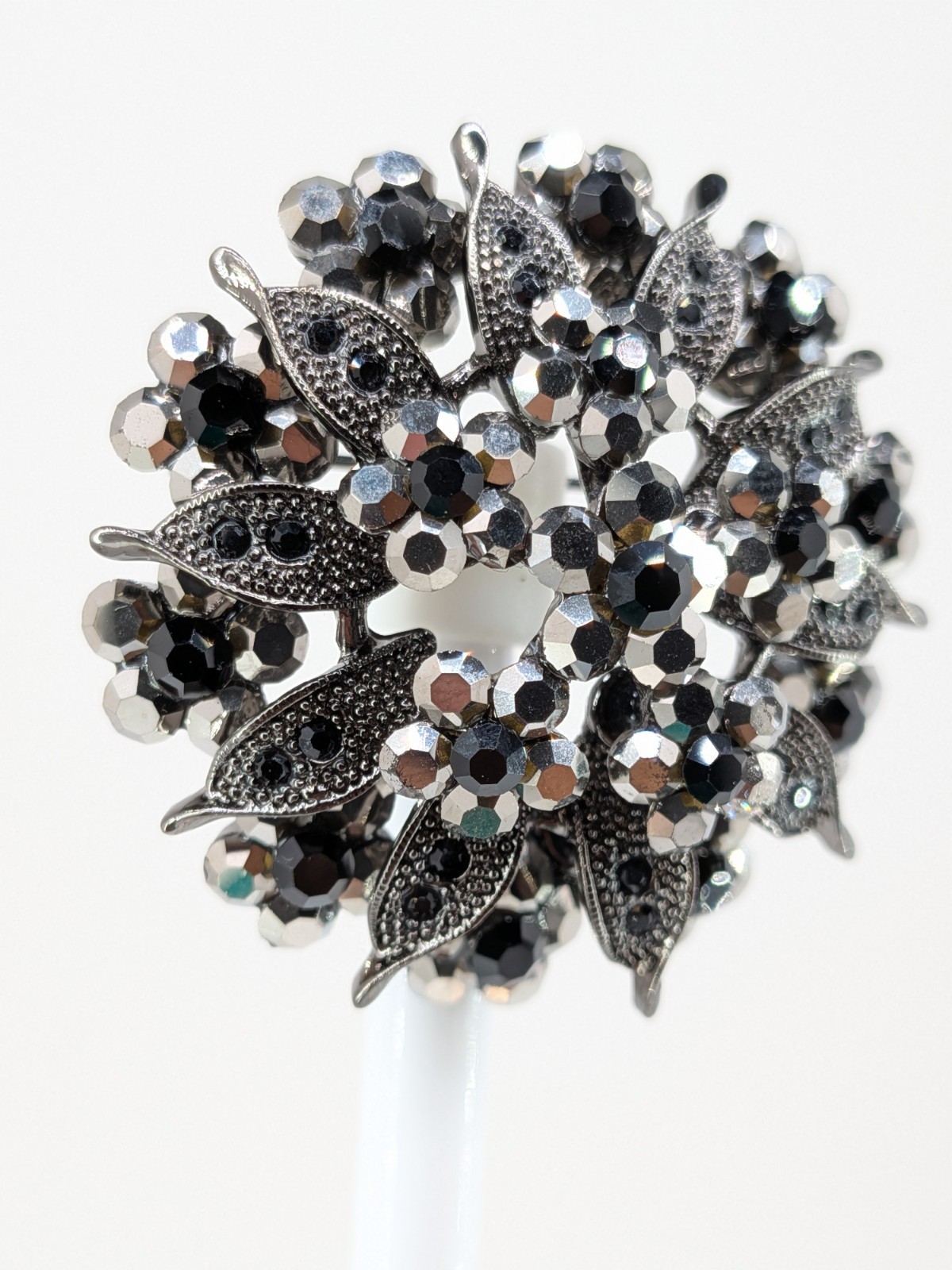 Vintage Gunmetal Rhinestone Flower Brooch Pin Hematite Crystal Dome 2in 30g