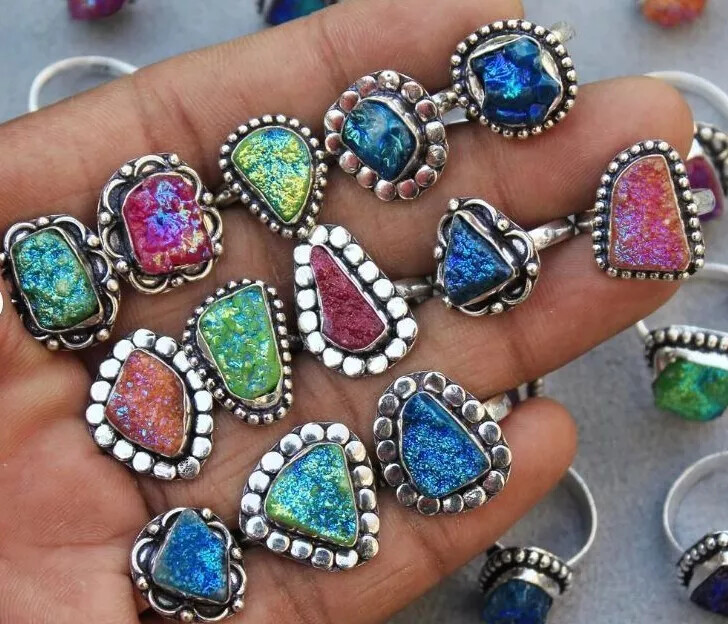 Natural Druzy Gemstone 925 Silver Plated Boho Rings,Dainty Rings,Christmas Gift~