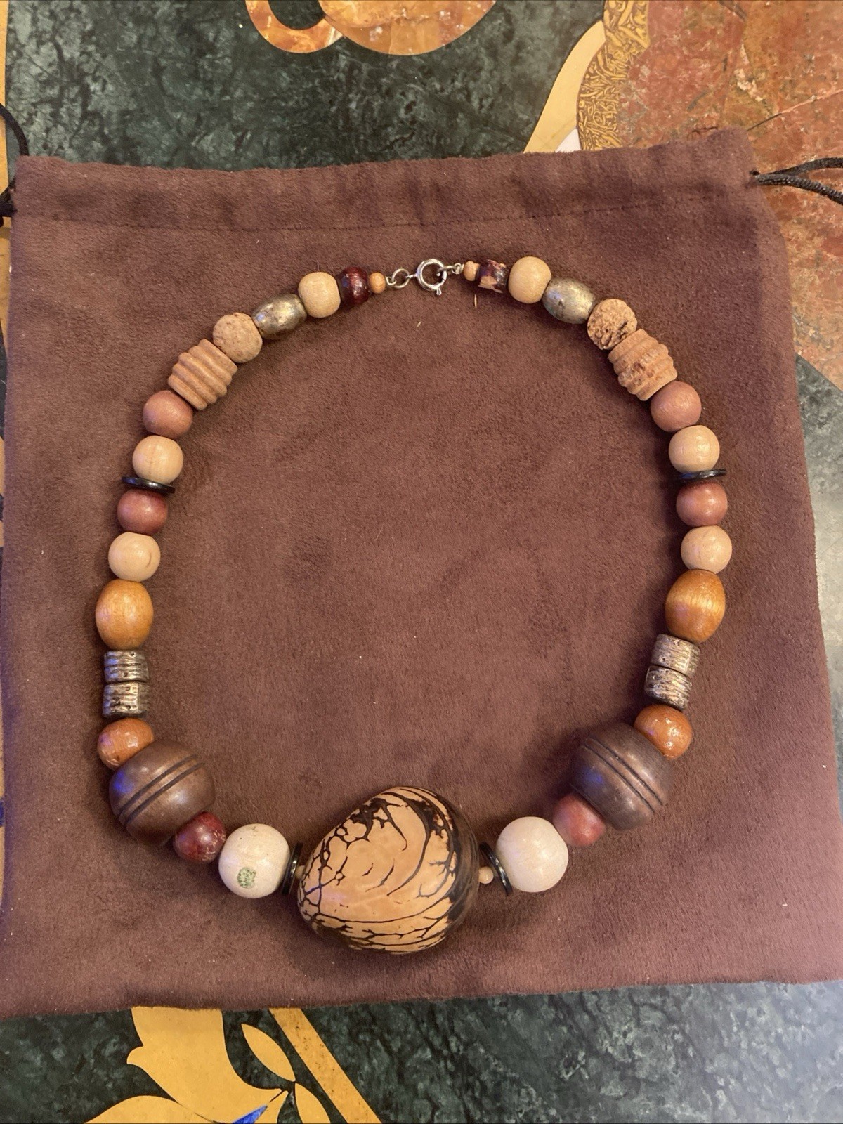 Necklace with Large Slab Bead Mixed Metal Wood And Cork Beads 19 Inch VTG