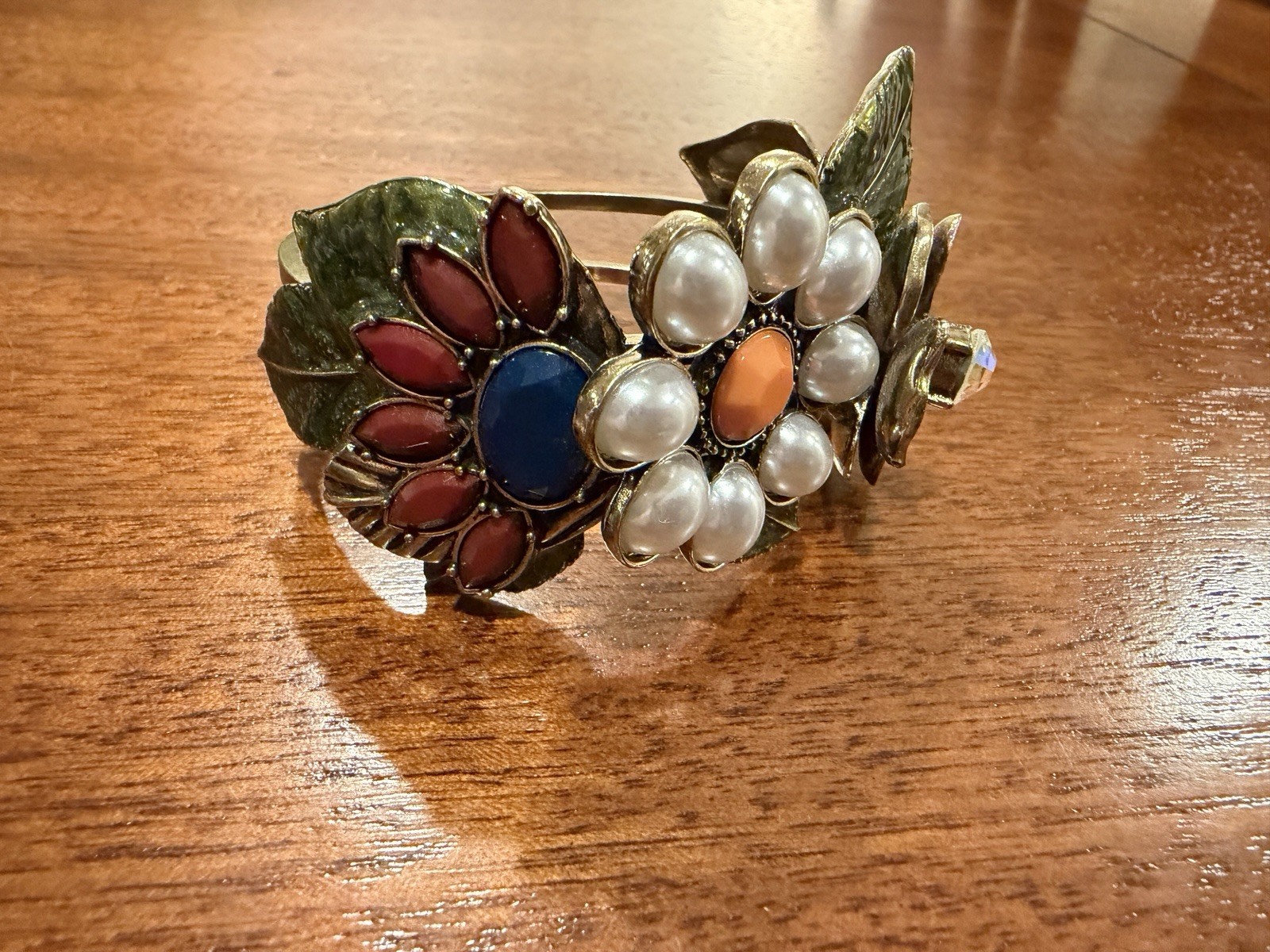 Vintage Floral Hinged Bracelet Statement Clamper Enamel Flowers Faux Pearls
